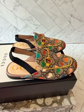 Gucci KIDS Multicolor Heart GG Canvas Slingback Mules with Gold Horsebit